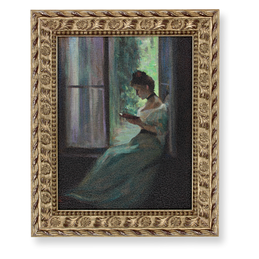 Framed textured print of Susan Watkins' "Woman by a Window"