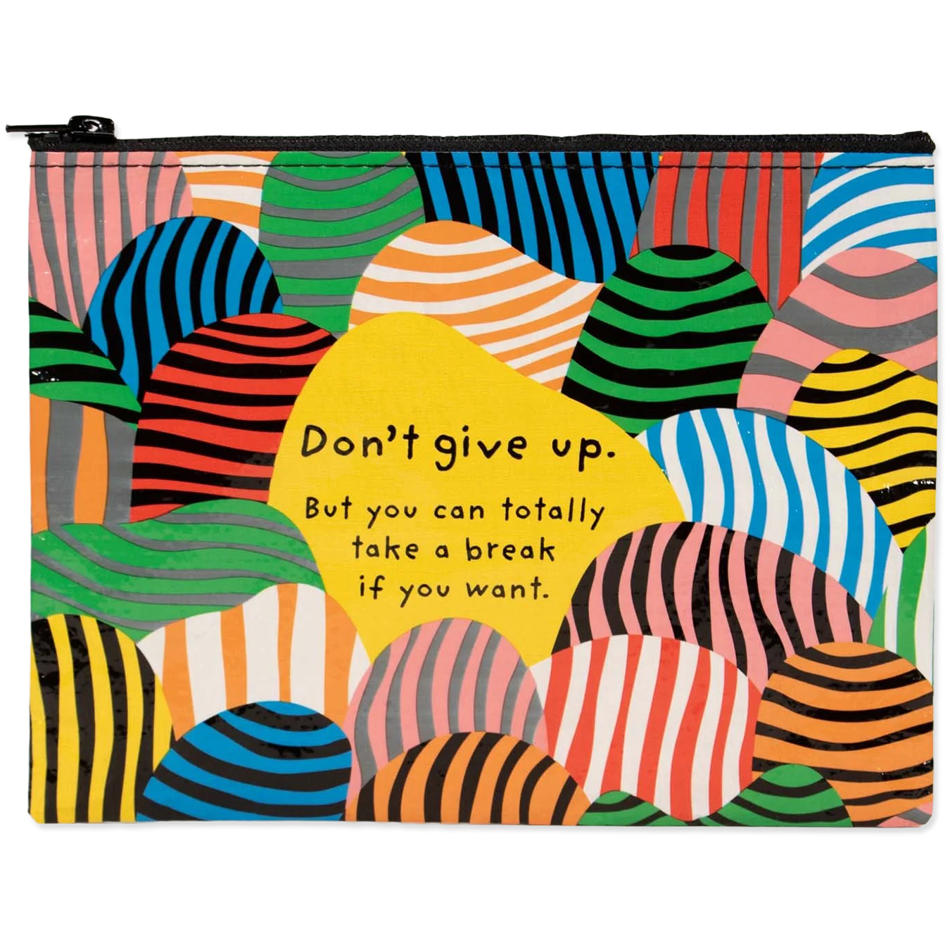 Colorful pouch with abstract patterns and motivational quote on a white background