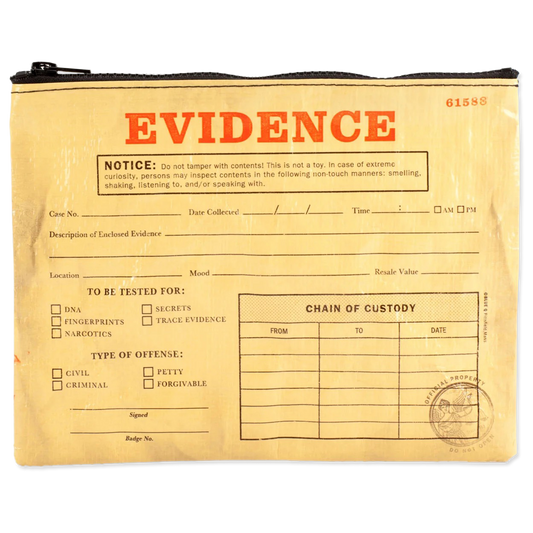 Pouch designed to look like an evidence bag with text and forms on a white background