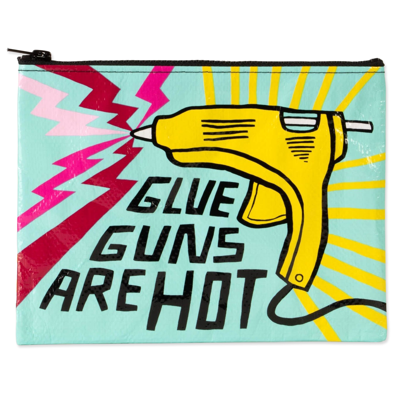 Zip pouch with illustration of a hot melt glue gun and the text "Glue Guns Are Hot"