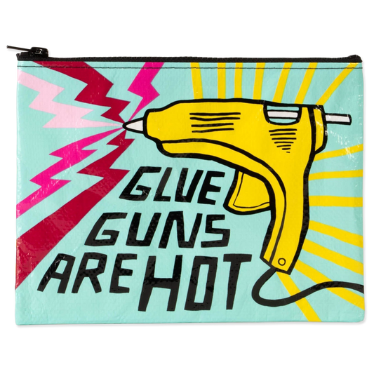 Zip pouch with illustration of a hot melt glue gun and the text "Glue Guns Are Hot"