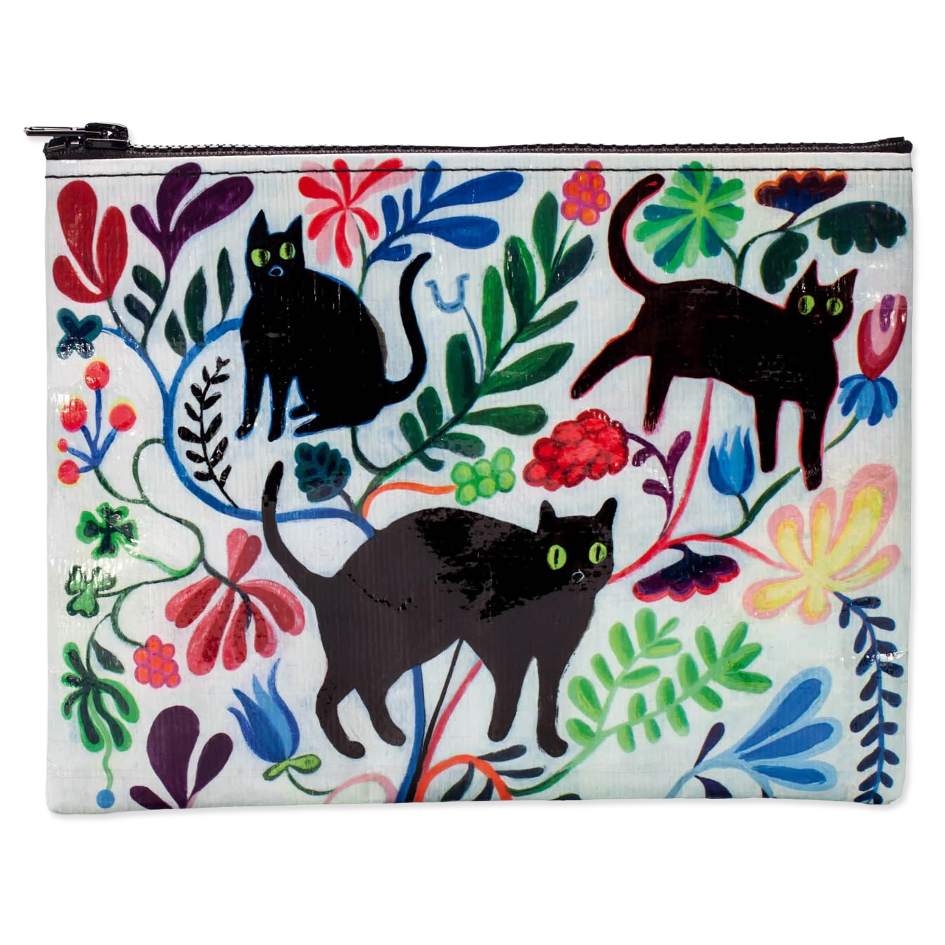Colorful illustration of 3 black cats in a field of fanciful flowers on a zippered pouch