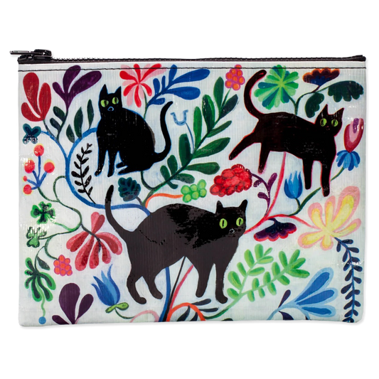 Colorful illustration of 3 black cats in a field of fanciful flowers on a zippered pouch