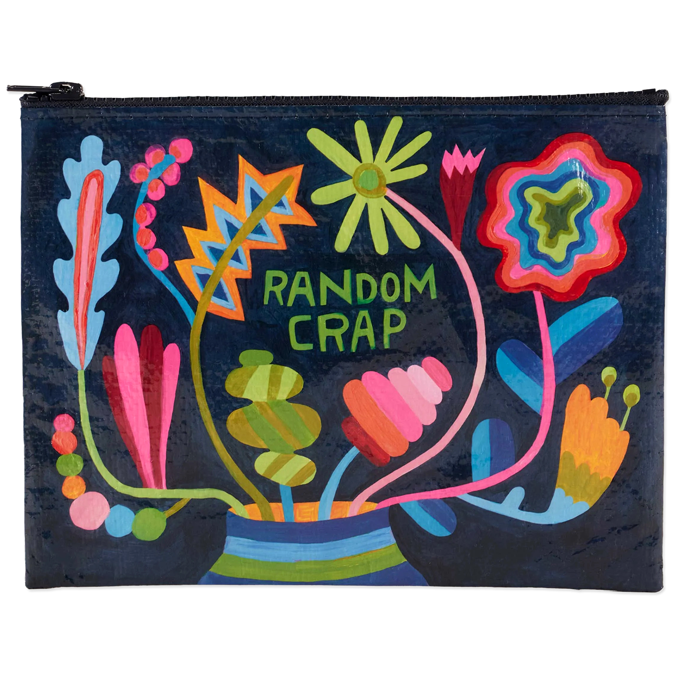Colorful pouch with floral design and 'RANDOM CRAP' text on a dark background