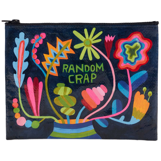 Colorful pouch with floral design and 'RANDOM CRAP' text on a dark background