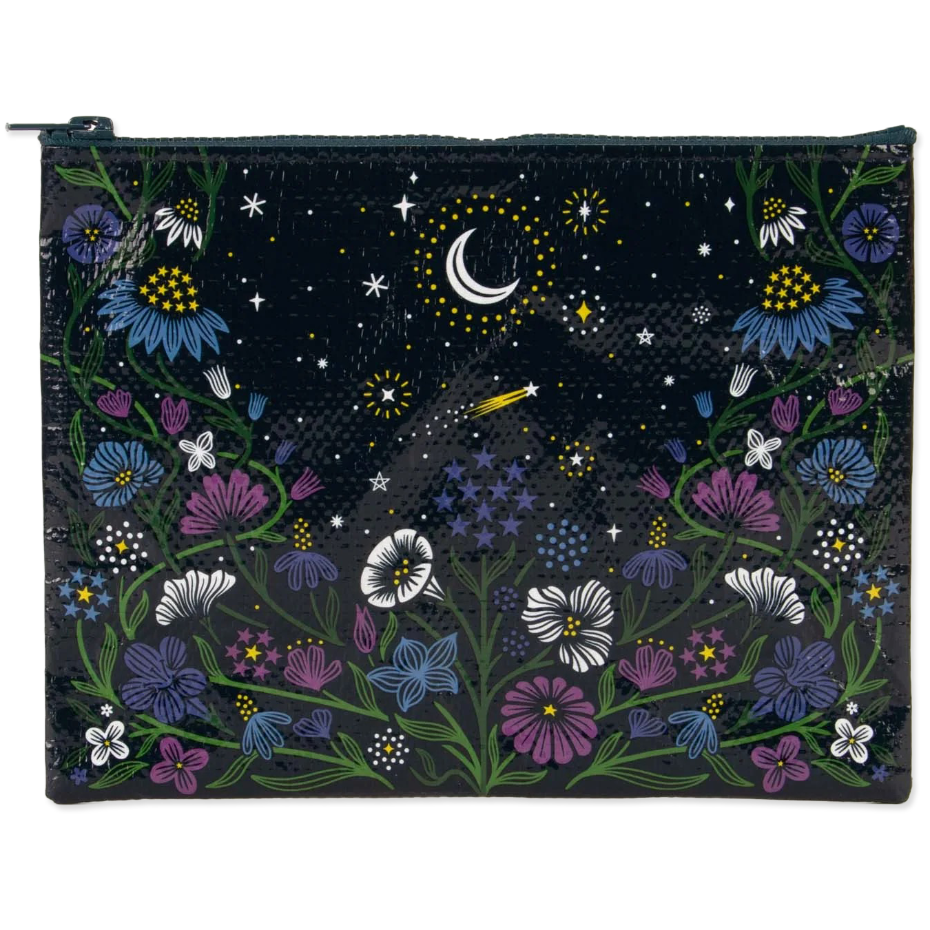 Pouch with night sky and floral design featuring a crescent moon and stars.