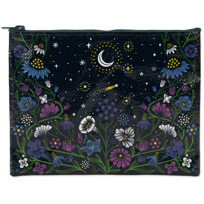 Pouch with night sky and floral design featuring a crescent moon and stars.