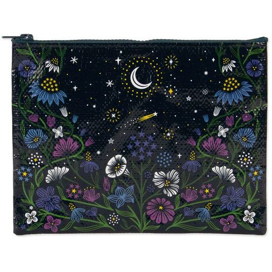 Pouch with night sky and floral design featuring a crescent moon and stars.
