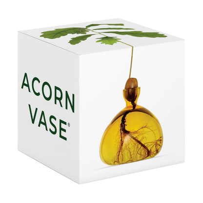 Yellow glass vase with tree design in a white box labeled 'Acorn Vase'.