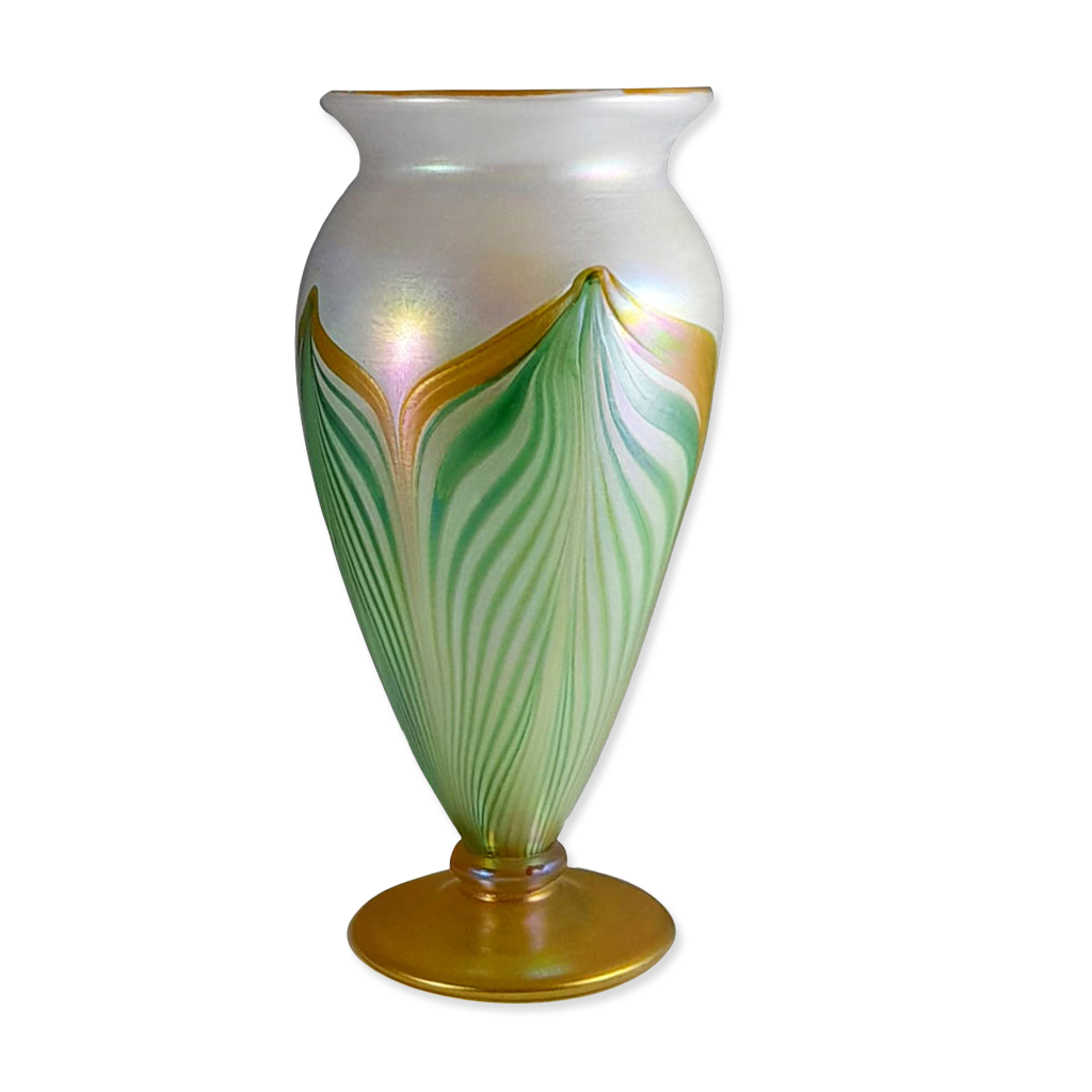 Decorative vase with green and gold patterns on a white background