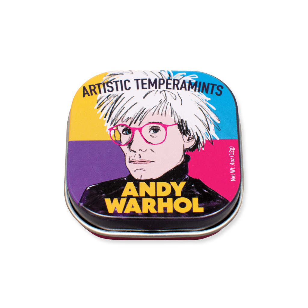Tin with Andy Warhol's portrait and 'Artistic Temperaments' text on a white background