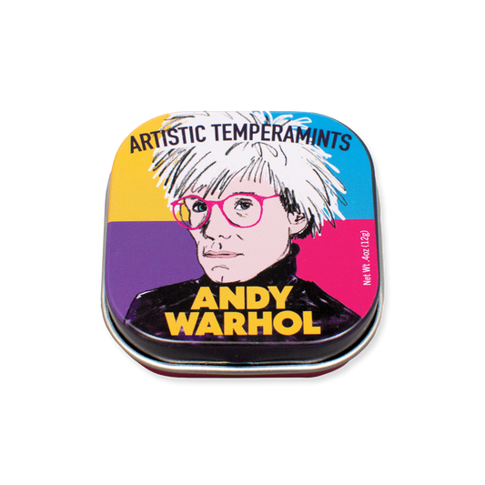 Tin with Andy Warhol's portrait and 'Artistic Temperaments' text on a white background