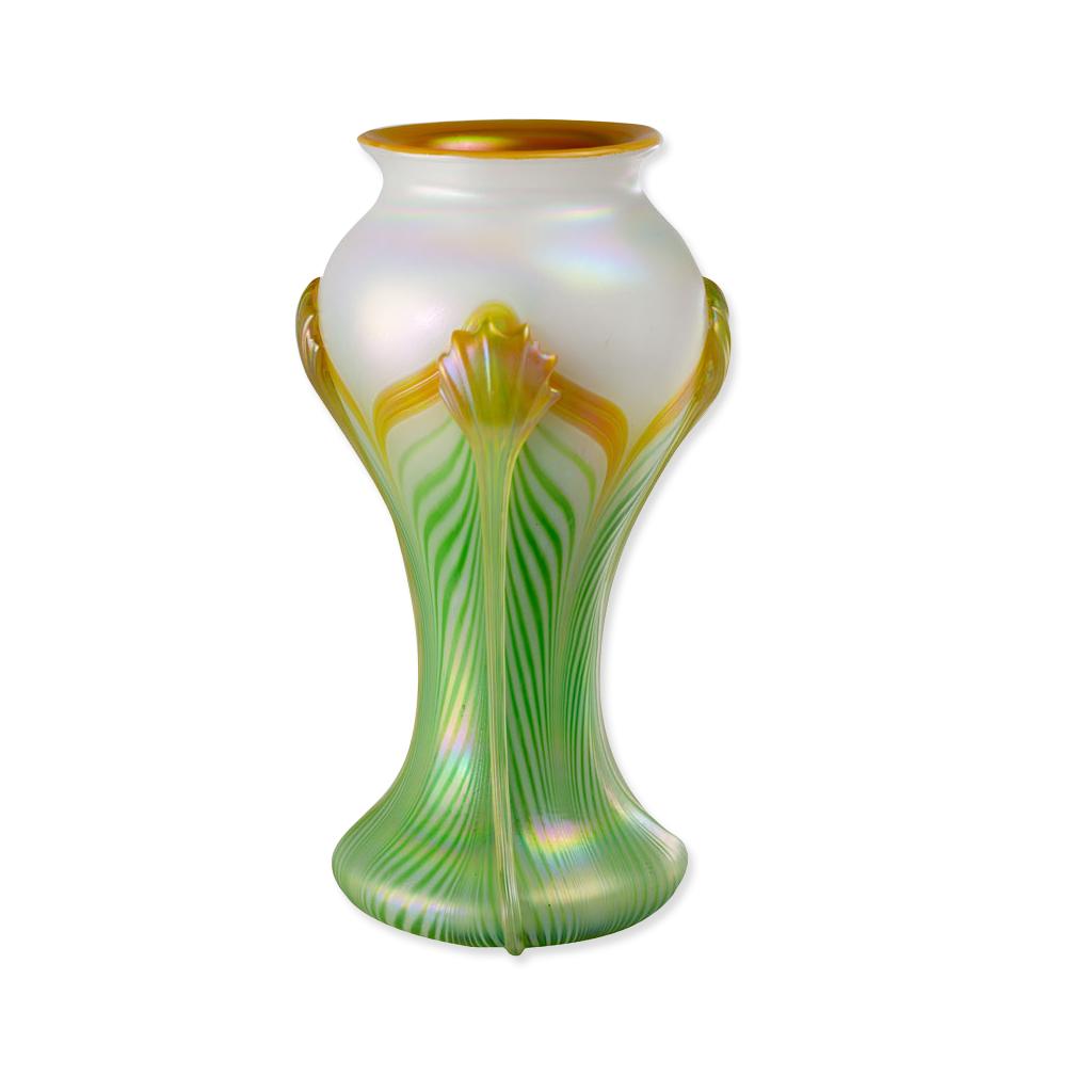 Decorative glass vase with gold and green patterns on a white background