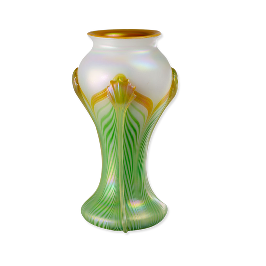 Decorative glass vase with gold and green patterns on a white background