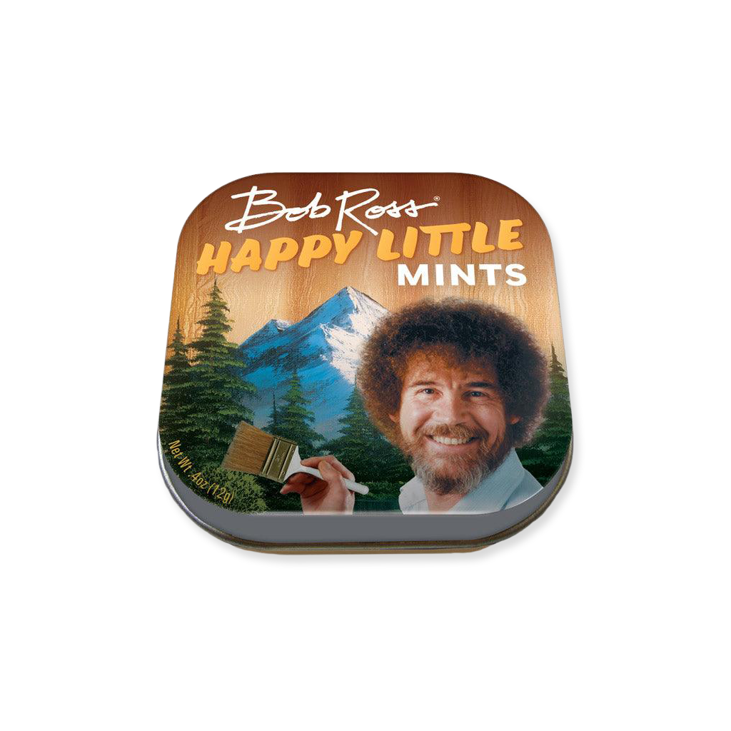 Bob Ross-themed mints tin with mountain and forest design on a white background