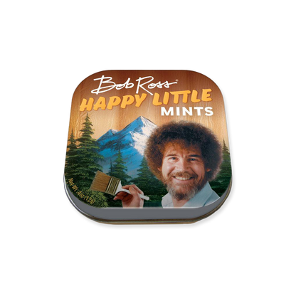 Bob Ross-themed mints tin with mountain and forest design on a white background