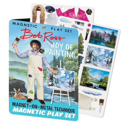 Bob Ross magnetic play set with cards and accessories on a white background