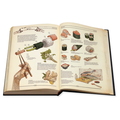 Open book with illustrations of sushi and sushi-making tools on a white background