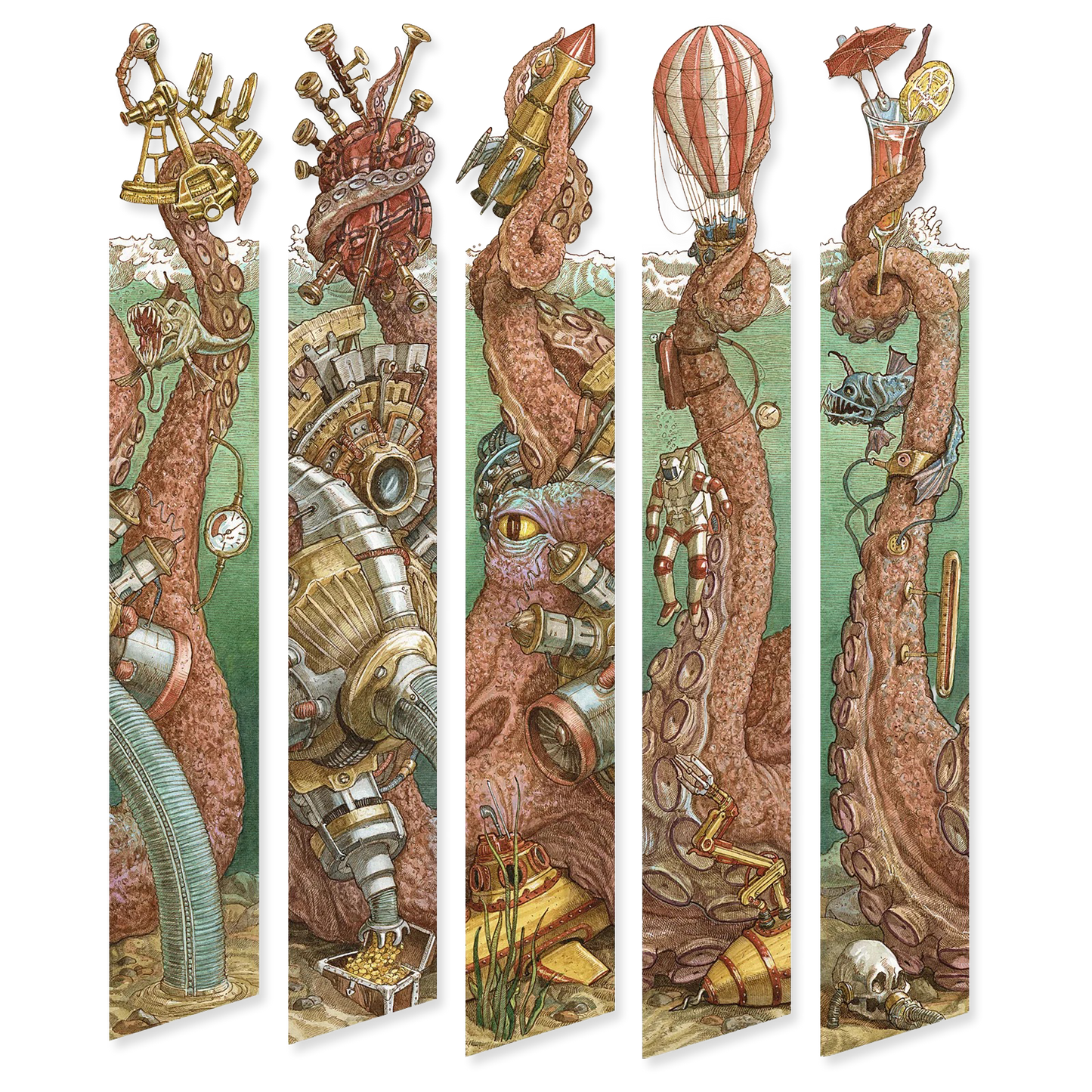Five vertical bookmarks featuring a stylized octopus with mechanical and steampunk elements on a white background.