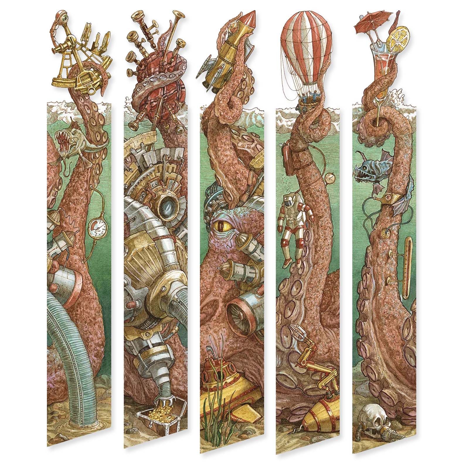 Five vertical bookmarks featuring a stylized octopus with mechanical and steampunk elements on a white background.