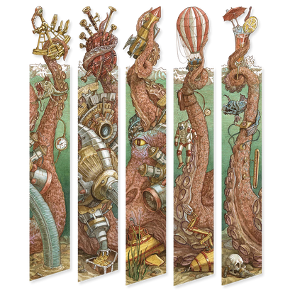 Five vertical bookmarks featuring a stylized octopus with mechanical and steampunk elements on a white background.