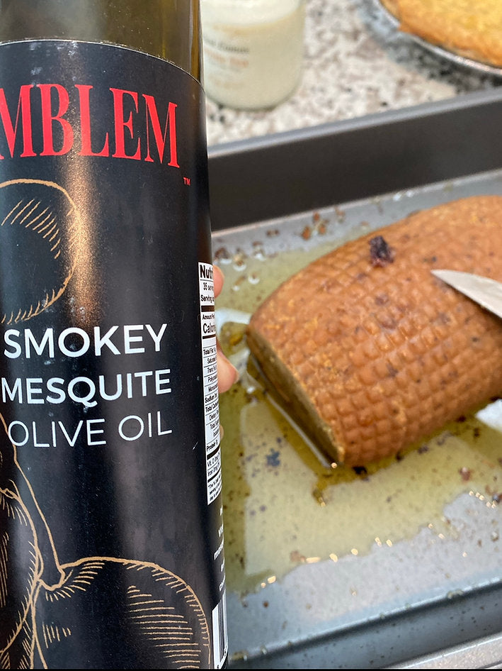 Emblem Smokey Mesquite Infused Olive Oil serving suggestion - Chrysler Museum Shop