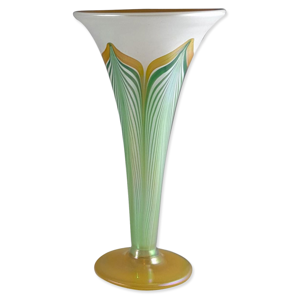 Decorative vase with green and gold design on a white background