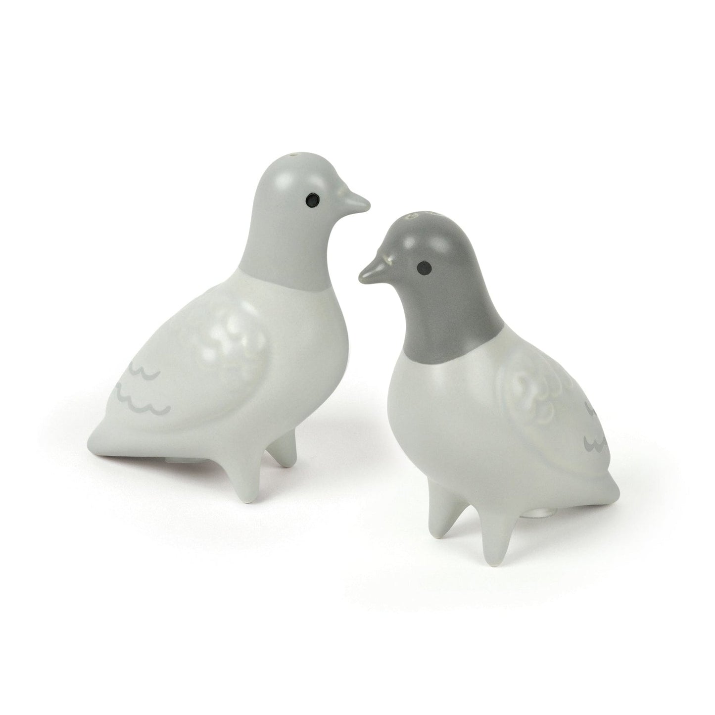 Two ceramic pigeon-shaped salt and pepper shakers on a white background