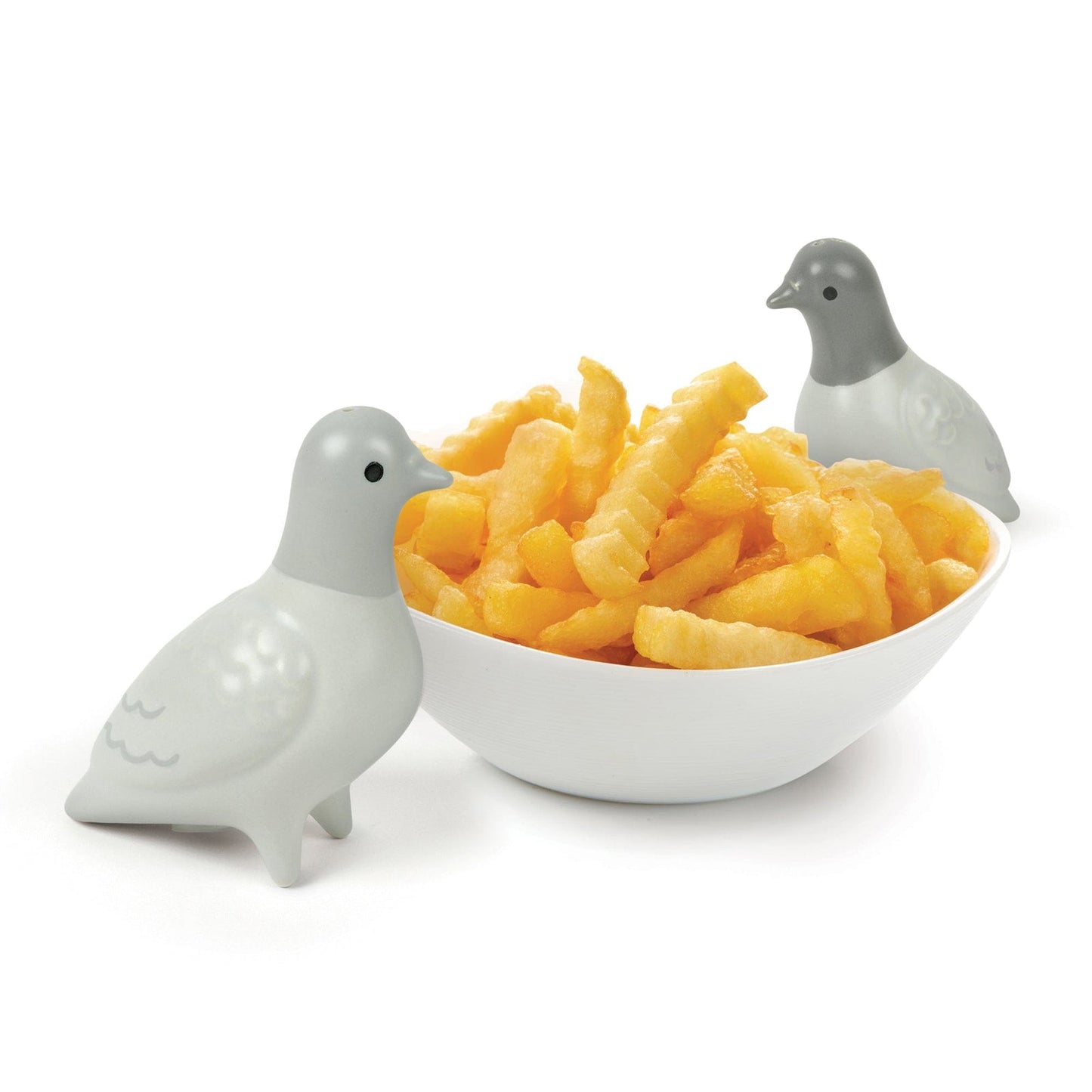 Bowl of chips with two pigeon-shaped salt & pepper shakers on a white background