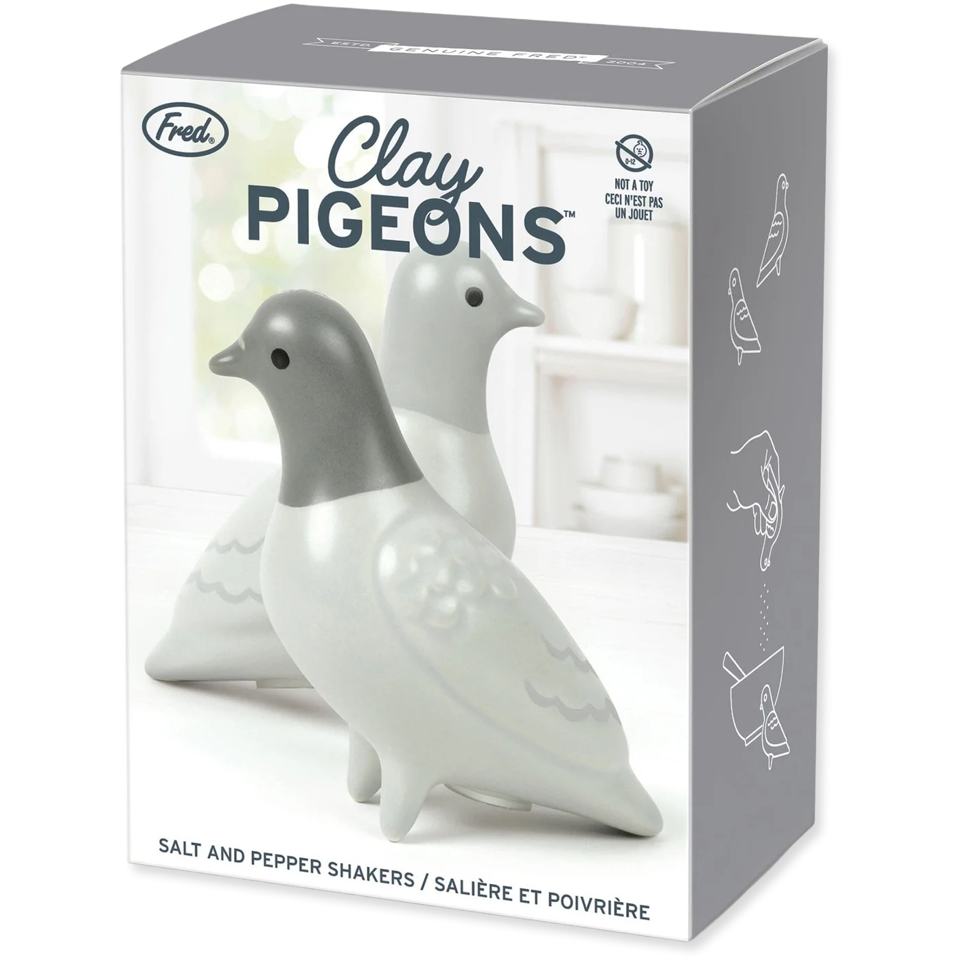 Box of Clay Pigeons salt and pepper shakers with a gray and white design.