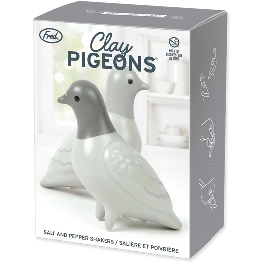 Box of Clay Pigeons salt and pepper shakers with a gray and white design.