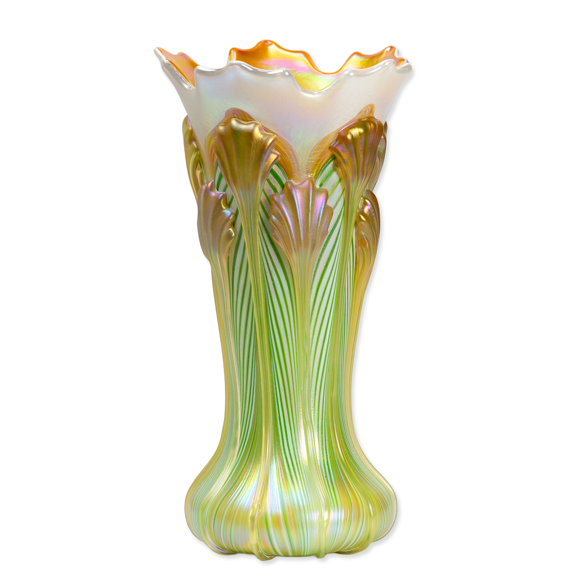 Decorative glass vase with green and gold patterns on a white background