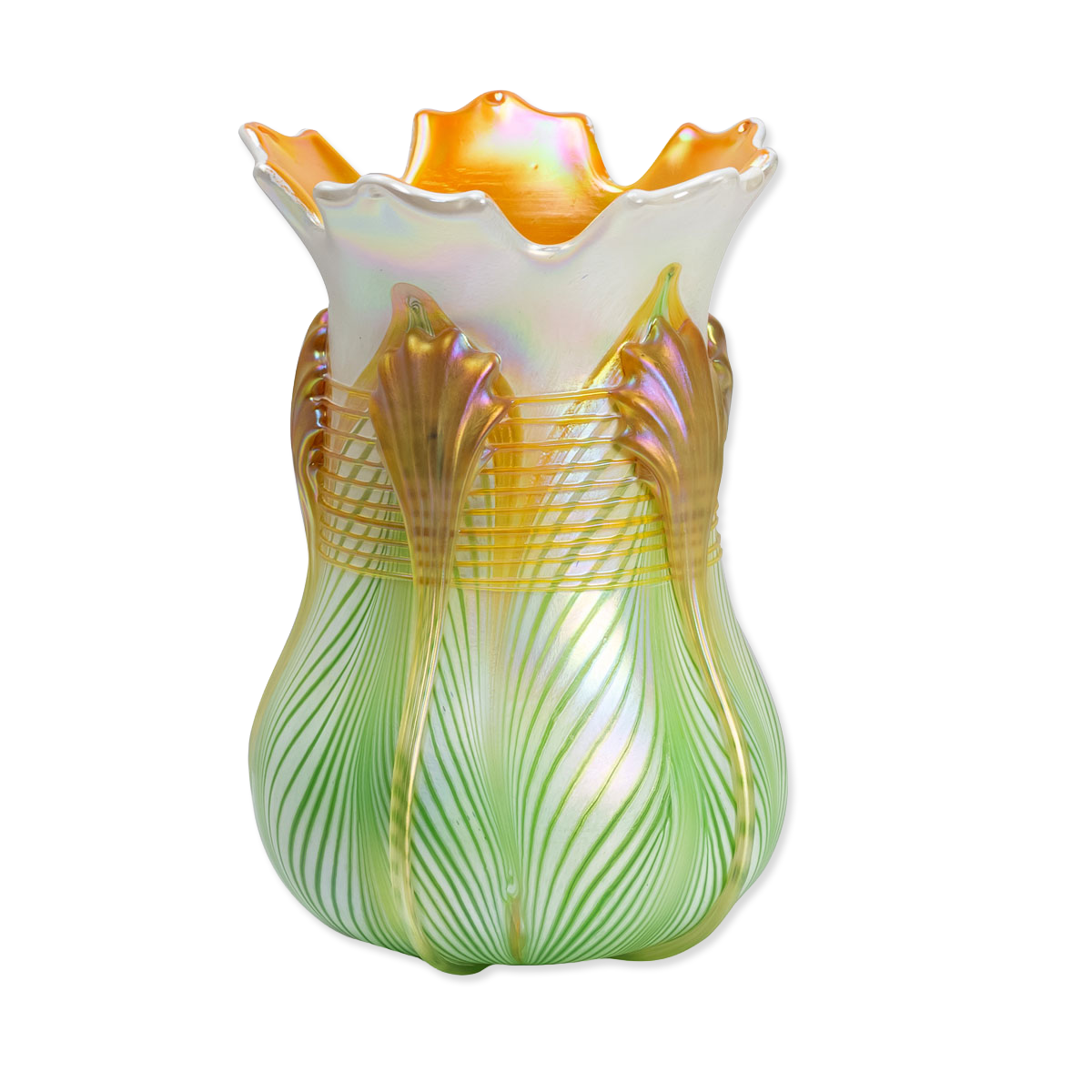 Decorative glass vase with green and gold patterns on a white background