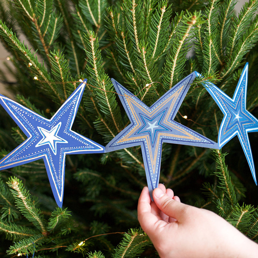 Blue star-shaped decorations being held against a Christmas tree.