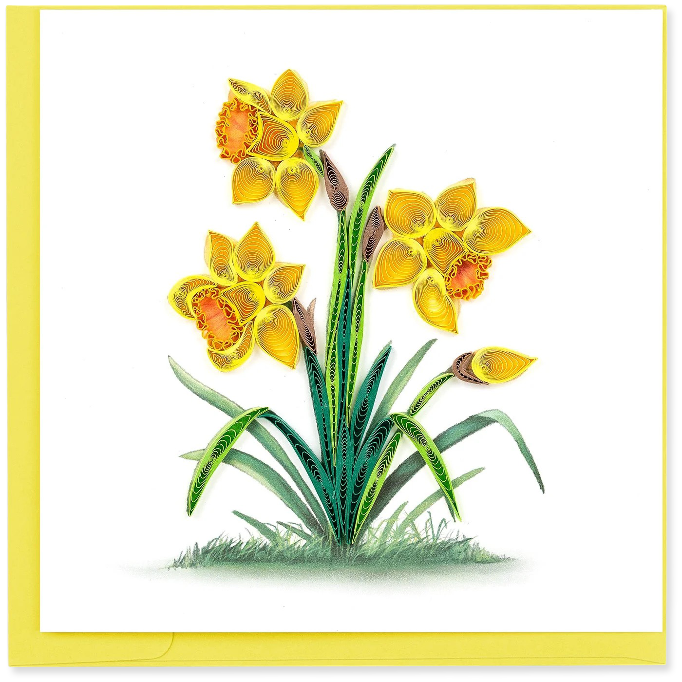 Quilled yellow flowers with green leaves on a white background