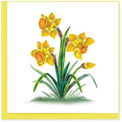 Quilled yellow flowers with green leaves on a white background
