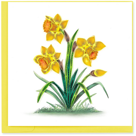 Quilled yellow flowers with green leaves on a white background