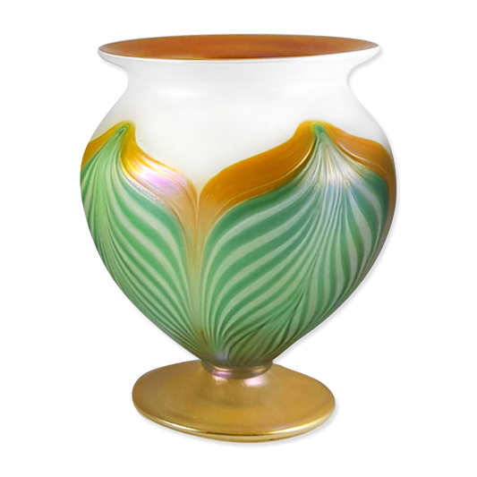 Decorative vase with green and gold design on a white background