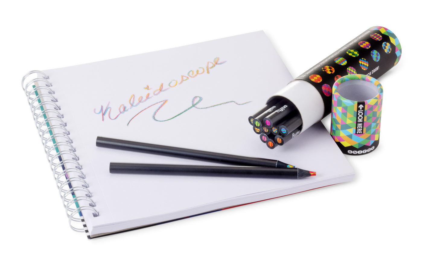 Colorful pencils and notebook on a white background