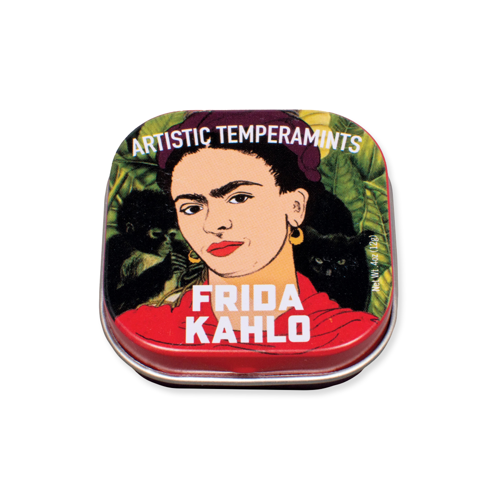 Frida Kahlo-themed mint tin with her portrait and 'Artistic Temperaments' text on a white background.