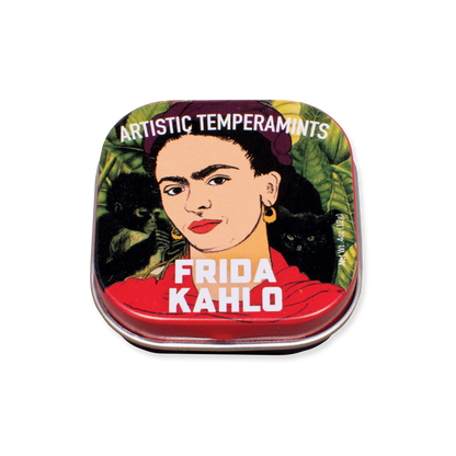 Frida Kahlo-themed mint tin with her portrait and 'Artistic Temperaments' text on a white background.