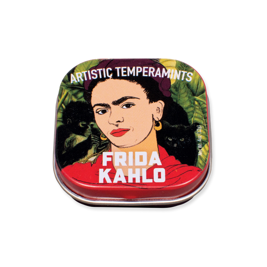 Frida Kahlo-themed mint tin with her portrait and 'Artistic Temperaments' text on a white background.