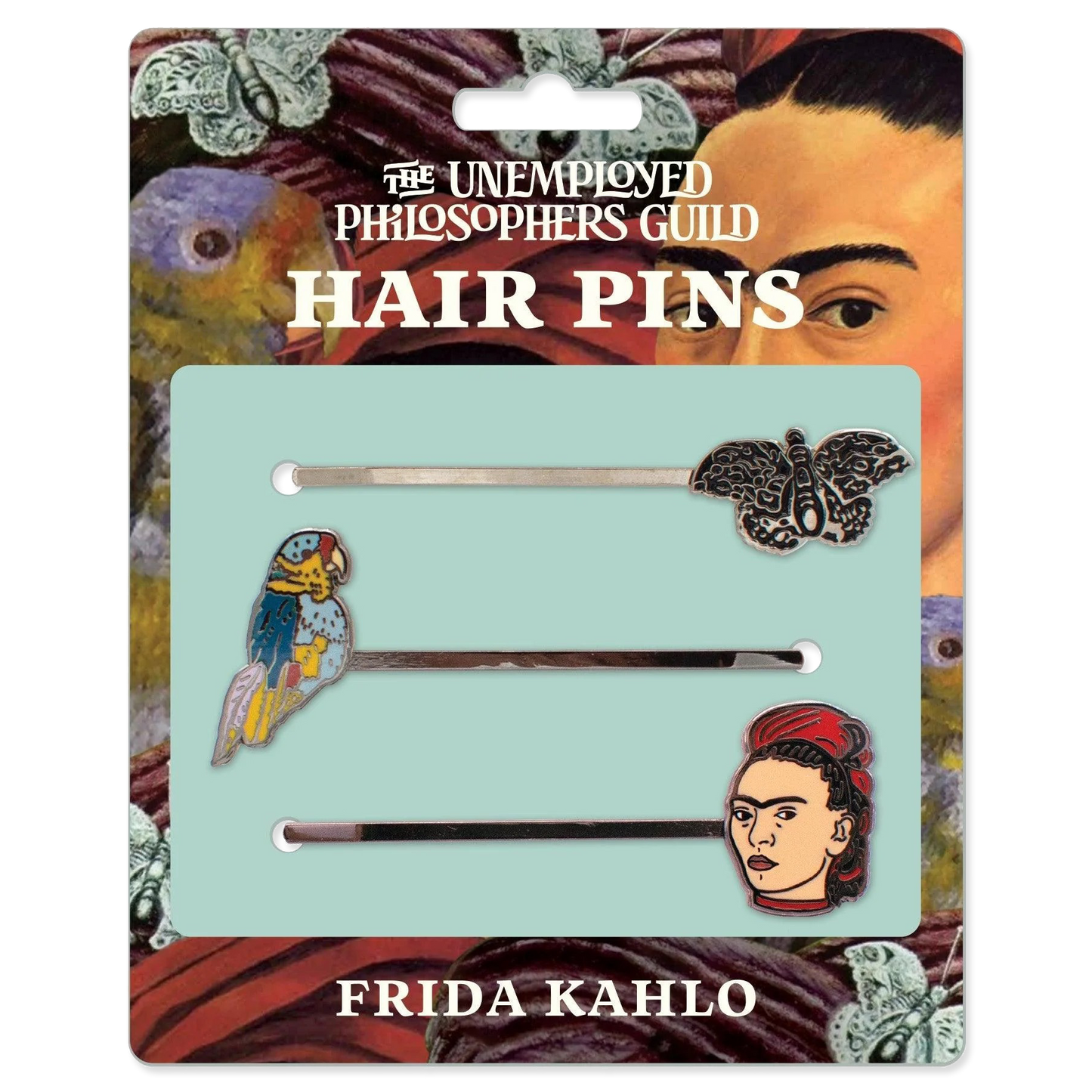 Set of 3 decorative enamel pins, on an illustrated package with white lettering.