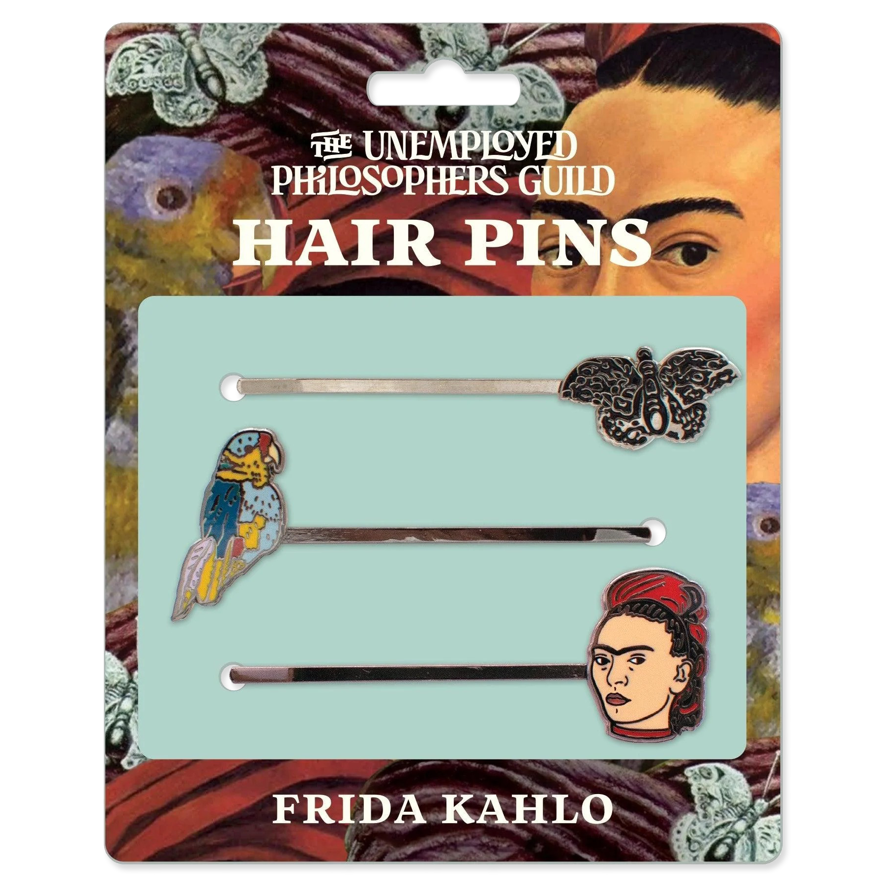 Set of 3 decorative enamel pins, on an illustrated package with white lettering.