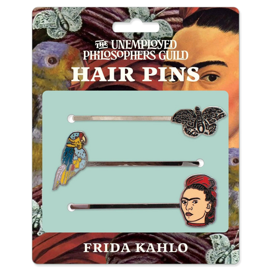 Set of 3 decorative enamel pins, on an illustrated package with white lettering.