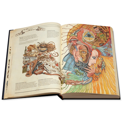 Open book with detailed illustrations on a white background