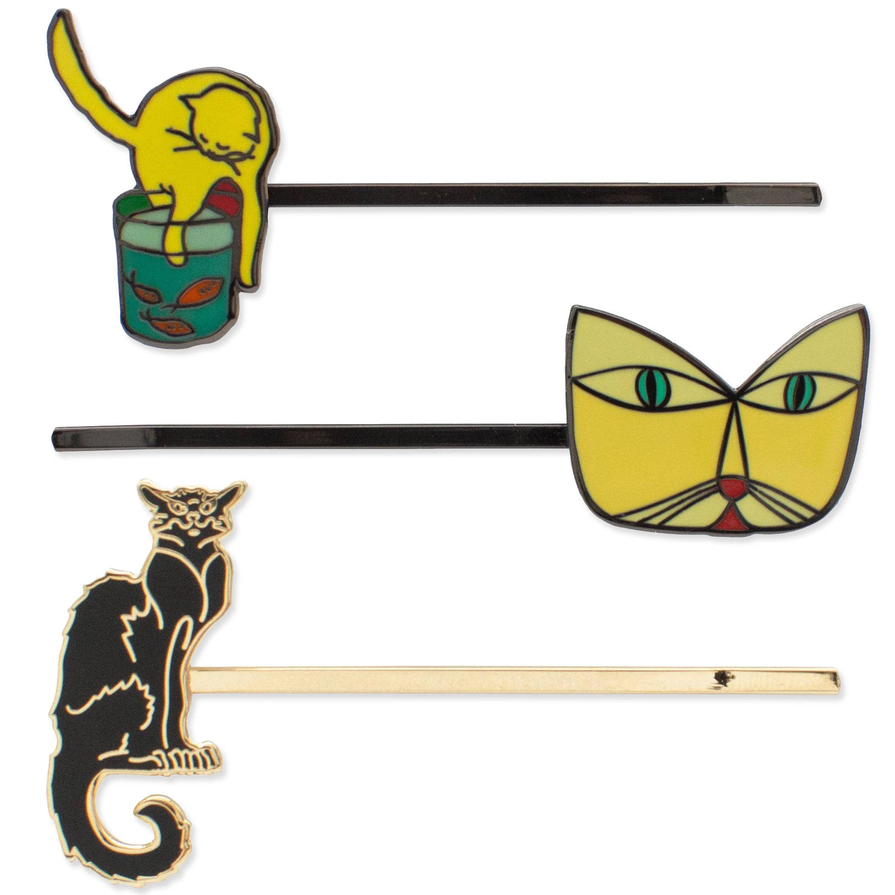Set of three cat-themed hairpins on a white background