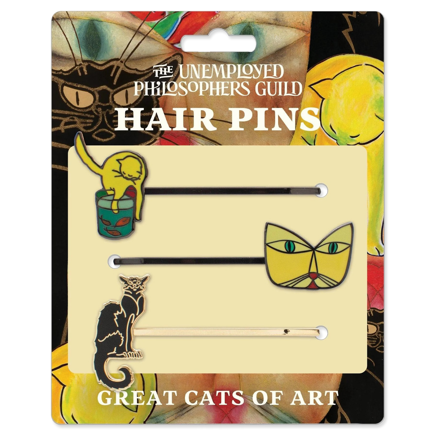 Packaged hair pins with cat designs by The Unemployed Philosophers Guild on a colorful background.