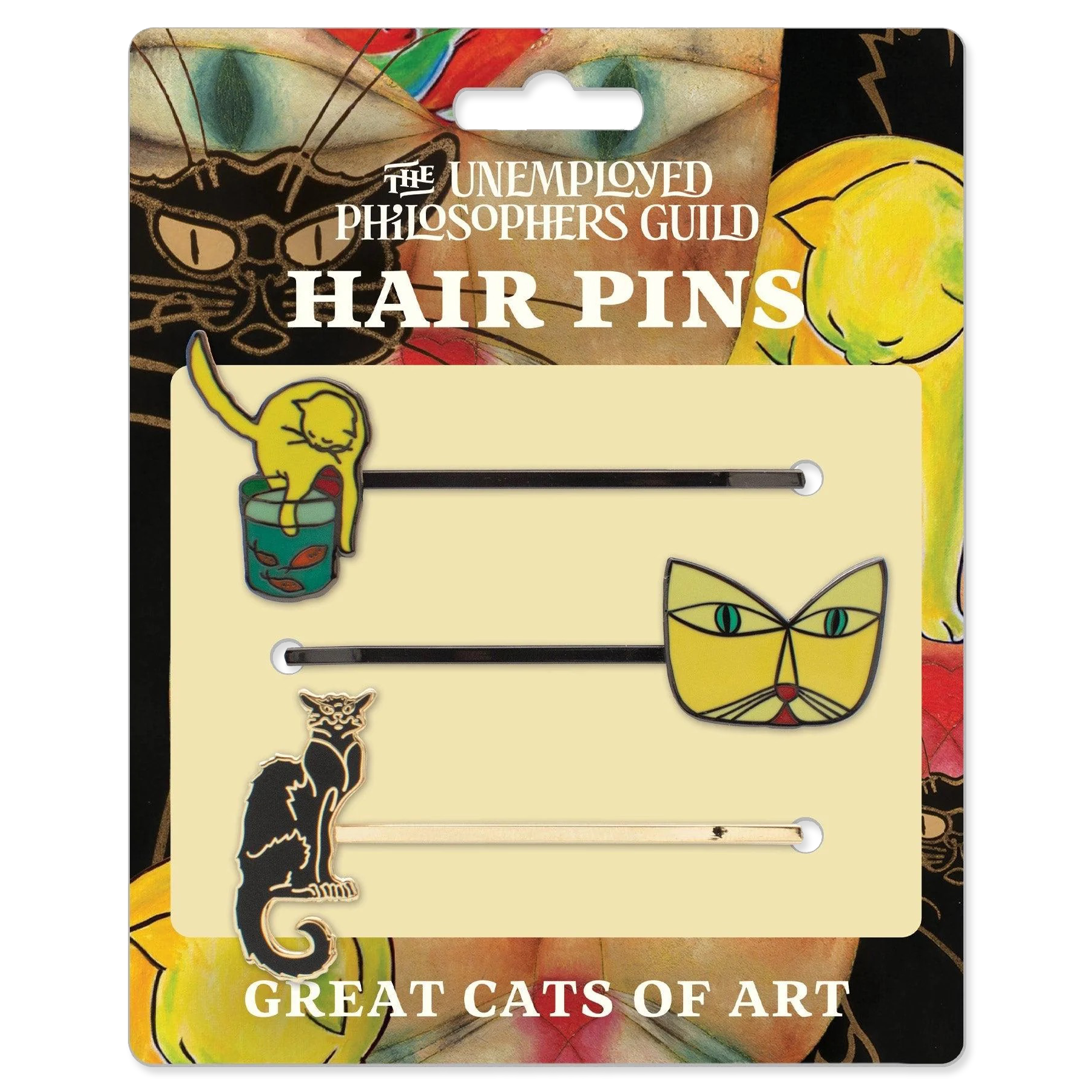 Packaged hair pins with cat designs by The Unemployed Philosophers Guild on a colorful background.