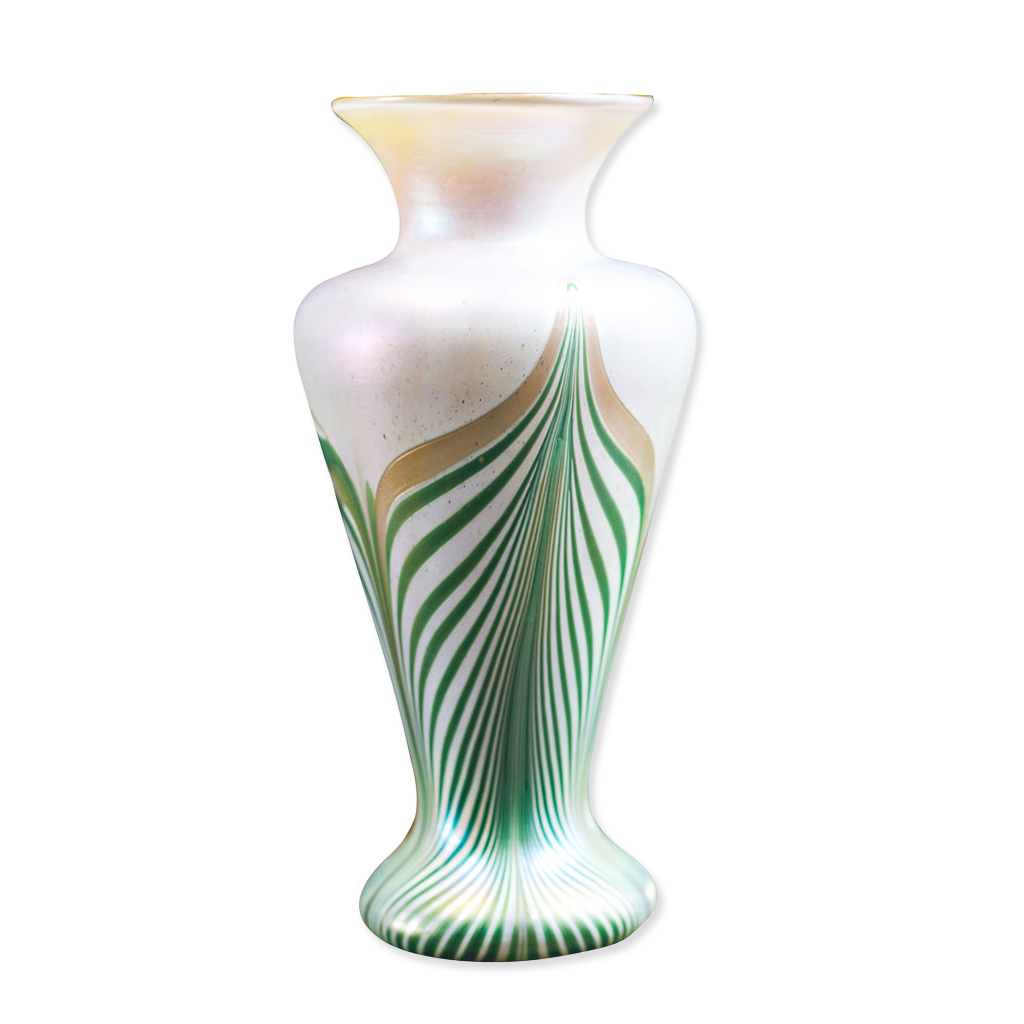 Decorative vase with green and gold patterns on a white background